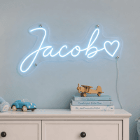 Jacob Name LED Neon Sign - ice blue cursive script with heart on contour cut acrylic