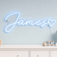 James Name LED Neon Sign - ice blue cursive script with heart on contour cut acrylic