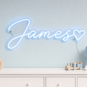 James Name LED Neon Sign - ice blue cursive script with heart on contour cut acrylic