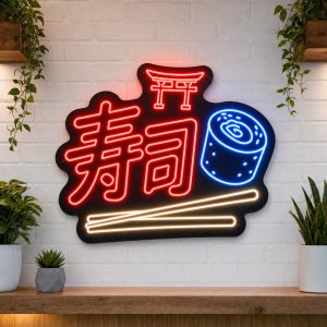 Japanese LED neon sign on clear acrylic backing mounted on white brick wall