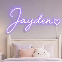 Jayden Name LED Neon Sign - warm purple cursive script with heart on contour cut acrylic
