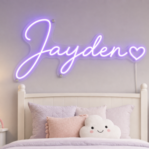 Jayden Name LED Neon Sign - warm purple cursive script with heart on contour cut acrylic