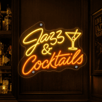 Jazz and cocktails themed LED neon sign glowing on wall
