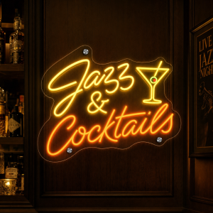 Jazz and cocktails themed LED neon sign glowing on wall
