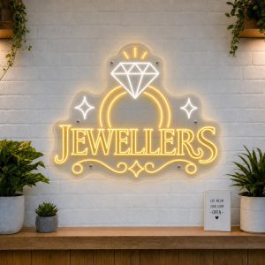 Jewellers Shop LED neon sign with diamond ring icon on clear acrylic backing
