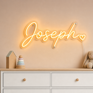 Joseph Name LED Neon Sign - warm orange cursive script with heart on contour cut acrylic
