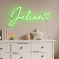 Julian Name LED Neon Sign - vivid green cursive script with heart on contour cut acrylic