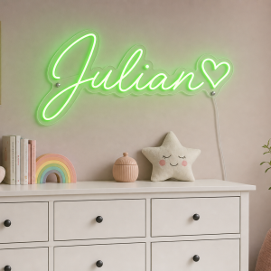Julian Name LED Neon Sign - vivid green cursive script with heart on contour cut acrylic