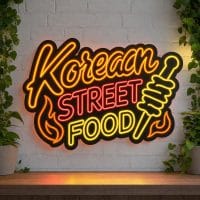 Korean Street Food LED neon sign on clear acrylic backing mounted on white brick wall