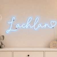 Lachlan Name LED Neon Sign - ice blue cursive script with heart on contour cut acrylic