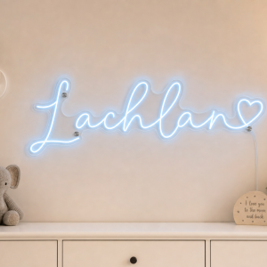 Lachlan Name LED Neon Sign - ice blue cursive script with heart on contour cut acrylic