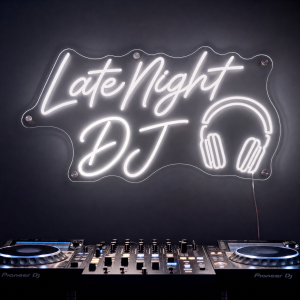 late-night-dj-neon-sign Late Night DJ glowing LED neon sign for music venues