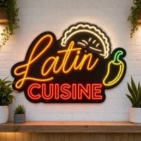 Latin Cuisine LED neon sign on clear acrylic backing mounted on white brick wall
