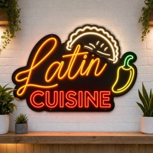 Latin Cuisine LED neon sign on clear acrylic backing mounted on white brick wall