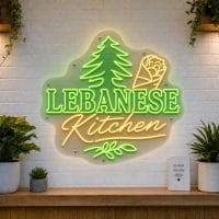 Lebanese Kitchen LED neon sign with falafel wrap and mezze icons on clear acrylic backing