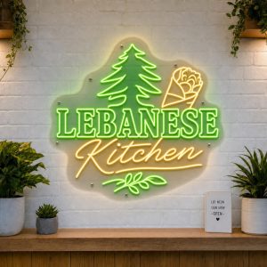 lebanese-kitchen-led-neon-sign Lebanese Kitchen LED neon sign with falafel wrap and mezze icons on clear acrylic backing