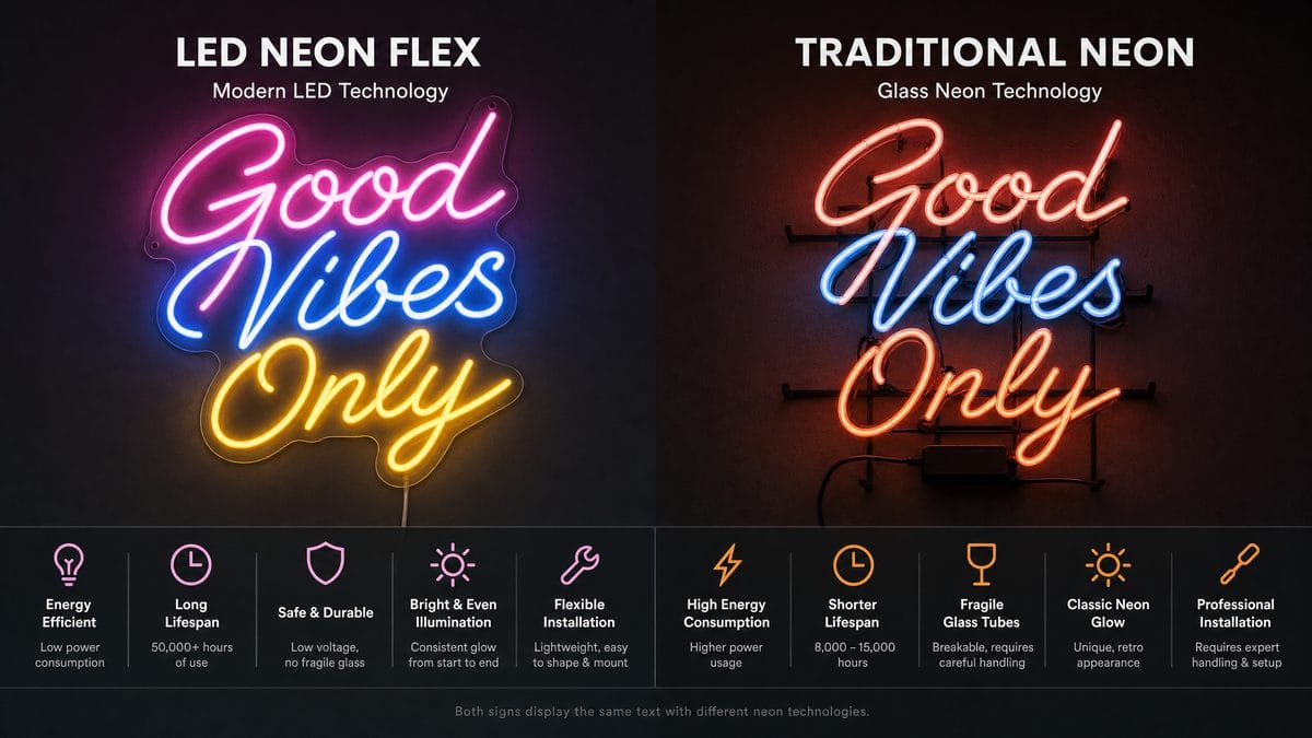 LED Neon Sign vs Traditional Neon Comparison LED neon sign vs traditional glass neon sign comparison