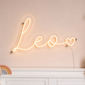 Leo Name LED Neon Sign - warm amber cursive script with heart on contour cut acrylic