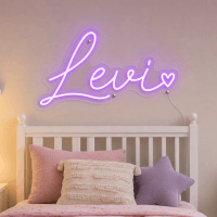 Levi Name LED Neon Sign - electric purple cursive script with heart on contour cut acrylic