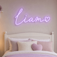Liam Name LED Neon Sign - warm purple cursive script with heart on contour cut acrylic