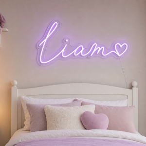 Liam Name LED Neon Sign - warm purple cursive script with heart on contour cut acrylic