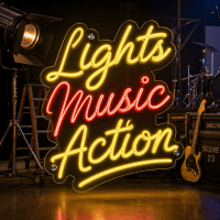 lights-music-action-neon-sign Lights Music Action neon sign glowing on wall