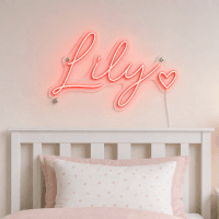 Lily Name LED Neon Sign - vivid red cursive script with heart on contour cut acrylic