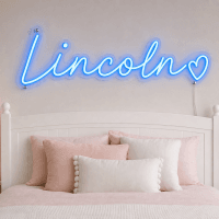 Lincoln Name LED Neon Sign - electric blue cursive script with heart on contour cut acrylic