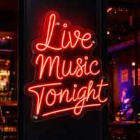 Live Music Tonight LED neon sign glowing in a music venue