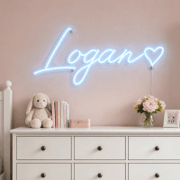 Logan Name LED Neon Sign - ice blue cursive script with heart on contour cut acrylic