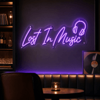 Lost In Music LED neon sign glowing in a music room