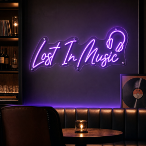 Lost In Music LED neon sign glowing in a music room