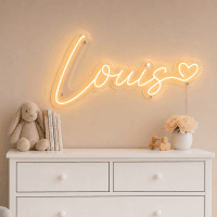 Louis Name LED Neon Sign - warm amber cursive script with heart on contour cut acrylic
