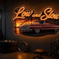Low and Slow LED neon sign mounted on garage wall