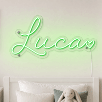 Luca Name LED Neon Sign - vivid green cursive script with heart on contour cut acrylic