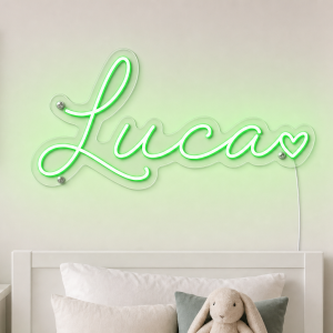 Luca Name LED Neon Sign - vivid green cursive script with heart on contour cut acrylic