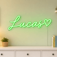 Lucas Name LED Neon Sign - vivid green cursive script with heart on contour cut acrylic