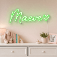 Maeve Name LED Neon Sign - vivid green cursive script with heart on contour cut acrylic