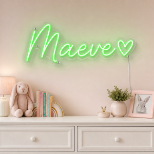 Maeve Name LED Neon Sign - vivid green cursive script with heart on contour cut acrylic