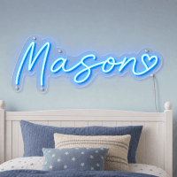 Mason Name LED Neon Sign - electric blue cursive script with heart on contour cut acrylic