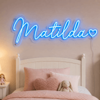 Matilda Name LED Neon Sign - electric blue cursive script with heart on contour cut acrylic
