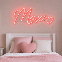Max Name LED Neon Sign - vivid red cursive script with heart on contour cut acrylic