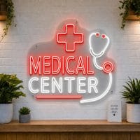 Medical Center LED neon sign with red medical cross icon on clear acrylic backing