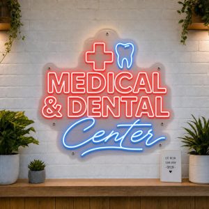 Medical and Dental Center LED neon sign with medical cross and tooth icons on clear acrylic backing