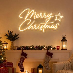 Custom Merry Christmas LED neon sign for Christmas parties and home decor. Contour-cut acrylic backi