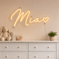 Mia Name LED Neon Sign - warm amber cursive script with heart on contour cut acrylic