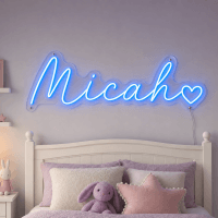 Micah Name LED Neon Sign - electric blue cursive script with heart on contour cut acrylic