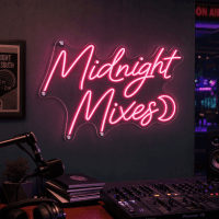 Midnight Mixes vibrant LED neon sign glowing on wall