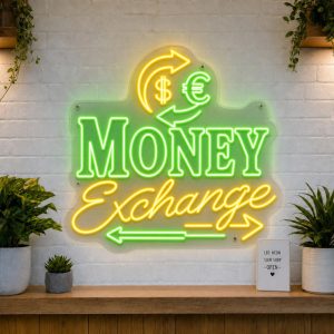 Money Exchange LED neon sign with arrows and currency symbols on clear acrylic backing mounted on white brick wall