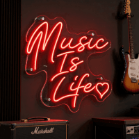 Music Is Life LED neon sign glowing brightly